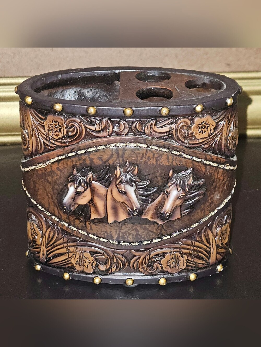 Equestrian Themed Tooled Leather & Carved Resin Toothbrush Caddy